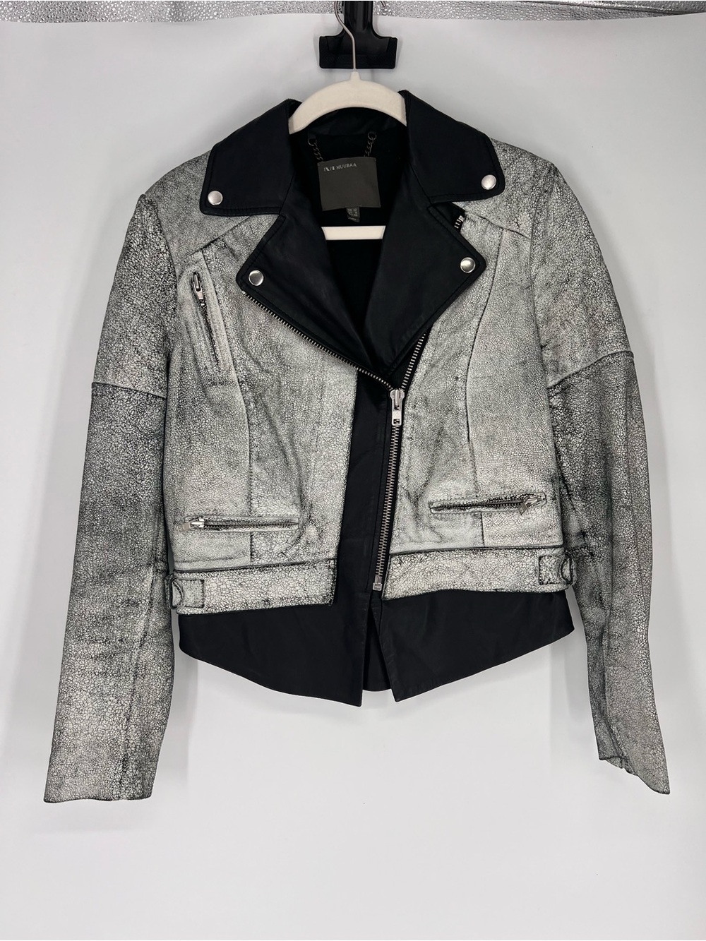 Muubaa Silver Crackled Metallic Black Leather Motorcycle Grunge Biker Jacket 8